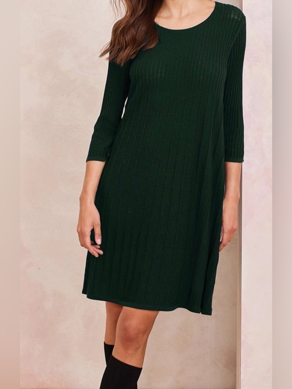 Eileen Fisher Wool Knit Ribbed and Pleated black fit & flare dress scoop neck S